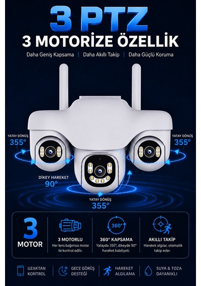 Wifi 3 Motorize Kameralı Adaptörlü Gece Görüşlü Hareket Takipli Güvenlik Kamerası