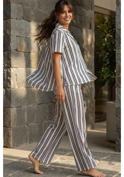 Relax Mode Kadın Mavi Çizgili Gömlek Pijama Takım - 26036r Beyaz