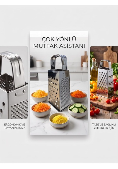 Paslanmaz Çelik 4'ü 1 Arada Rende, Kompakt Tasarım, 18x8x6 Cm, Peynir Sebze Ve Meyve Rendesi Gümüş