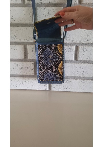 Mavi Metalik Ve Yılan Derisi Mini El Yapımı Çantası Metalik Mavi