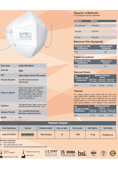 Era C200 Ffp2 Nr Ventilsiz Toz Maskesi 1.200 Adet