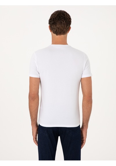 Beyaz Slim Fit Bisiklet Yaka Pamuk Karışımlı T-shirt