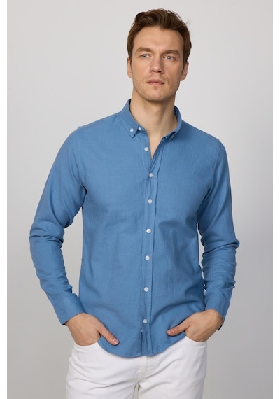 Tudors Erkek Slim Fit Dar Kesim %100 Pamuk Keten Doku Düğmeli Yaka Indigo Gömlek-28746 İndigo
