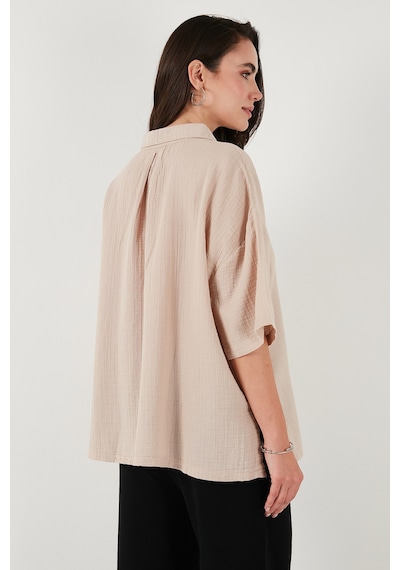Lela Pamuklu Regular Fit Yırtmaçlı Kısa Kollu Bayan Gömlek Cf25S166965 Taş