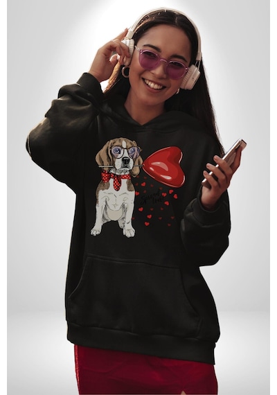 Poodle Ve Beagle Sevililer Günü Hediyesi Kadın Erkek Siyah Kapüşonlu Sweatshirt Hoodie Siyah