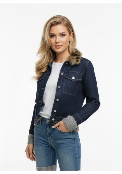 Duygudan Kürk Yaka Detaylı Premium Denim Ceket Modern Kesim Şık Jean Ceket - Mavi