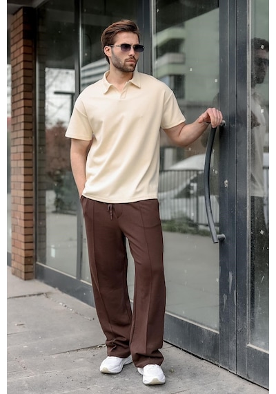 Madmext Bej Polo Yaka Oversize Erkek Tişört E7185