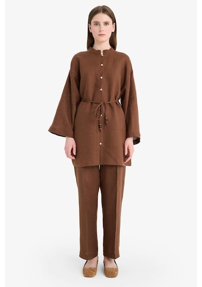 Defacto %100 Keten Straight Fit Beli Lastikli Cepli Pantolon D4388AX24HS Kahve