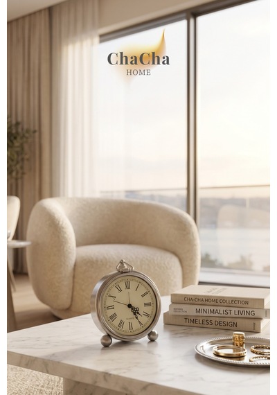 Chacha Home Serene Bell Vintage Metal Çalar Saat & Premium Masaüstü Dekoratif Obje 16x14 Cm Gümüş