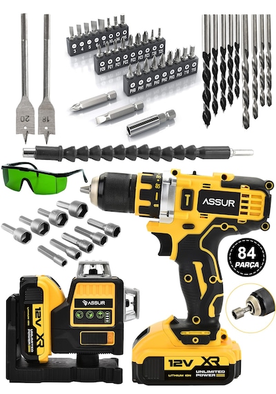Assur ASR1026 12V Akülü Vidalama 12 Köşe 360 Lazer Hizalama Sarı