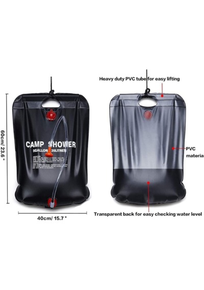 20 Litre Solar Güneş Enerjili Kamp Duş Torbası Portatif & Şeffaf Göstergeli Outdoor Duş Siyah