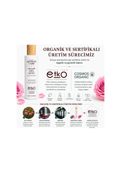 Artizan Care Organik Gül Suyu 100 Ml Cosmos Sertifikalı %100 Saf Gül Suyu Sprey Cam Şişe Tüm Cilt Tipleri