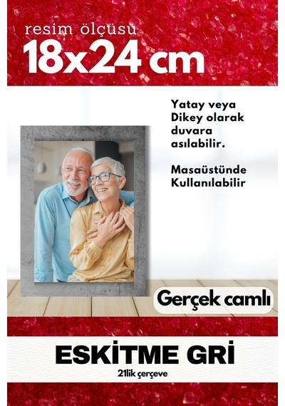 Gerçek Camlı 21lik Düz 18 X 24 Gri Fotoğraf Resim Çerçevesi Ayaklı Arkalık Veya Duvara Asma