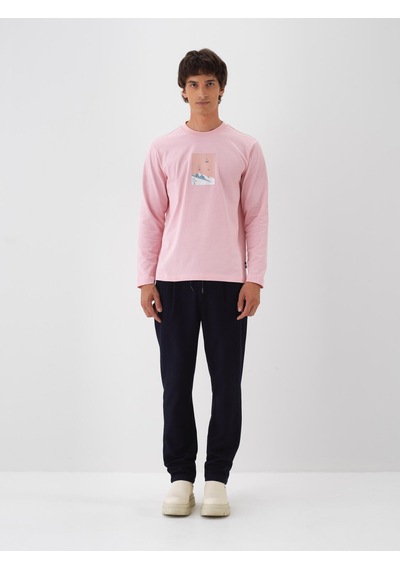 Xint Pembe Regular Fit Bisiklet Yaka Pamuk Uzun Kol Tişört 502174