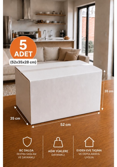 5 Adet Ev Taşıma Kolisi 52x35x28 Cm Bc Dalga Beyaz Koli + 5 Adet Kırılabilir Etiketi Dayanıklı Taşıma Kolisi