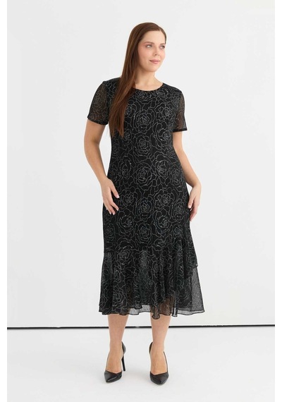 Selen O Yaka Desenli Siyah Standart Kadın Elbise 25ysl7593-bb Siyah