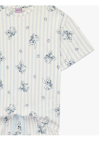 Koton Lisanslı Pamuklu Stitch Baskılı Kısa Kollu Şortlu Pijama Takımı Mavi Çizgili 6slk40209mk