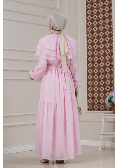 Sevitli Fırfır Detaylı Roza Tesettür Elbise-pembe-5775