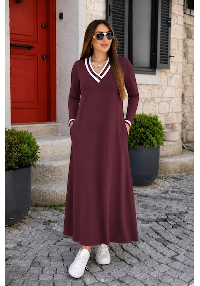Kadın Uzun Kollu V Yakalı Cepli Uzun Viskon Iki Iplik Elbise Bordo