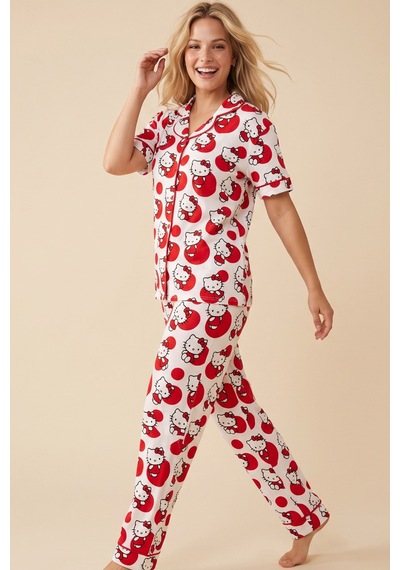 Siyah İnci Hello Kitty Lisanslı %100 Pamuk Pembe Çok Renkli Düğmeli Biyeli Pijama Takım 26120451 Beyaz