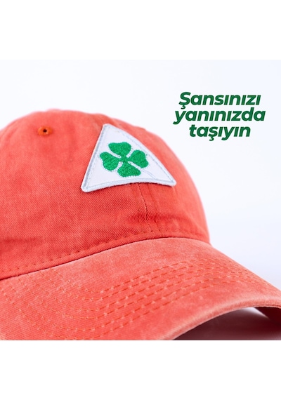 Perlotus Vintage Yıkamalı Pamuk Şapka Dört Yapraklı Yonca Nakışlı Turuncu Turuncu