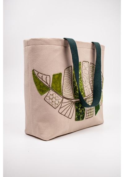 Fabric Craft Bag Omuz Çantası Duck Kumaş Patchwork Sashiko El İşlemeli Astarlı Telalı Günlük Çanta 44x34 Cm Acı Kahverengi - Bej