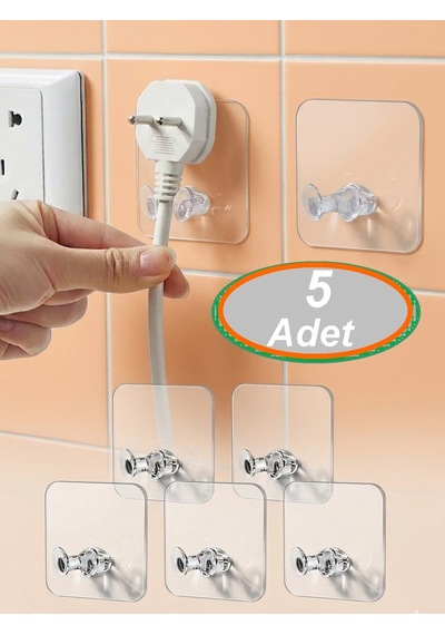 5 Adet Şeffaf Kendinden Yapışkanlı Kablo Fiş Askısı Priz Askısi Duzenleyici Traş Bıcağı Banyo Askısı