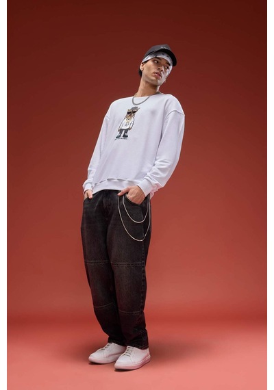 Defacto Boxy Fit Bisiklet Yaka Baskılı Sweatshirt E9331ax25auwt34 Beyaz