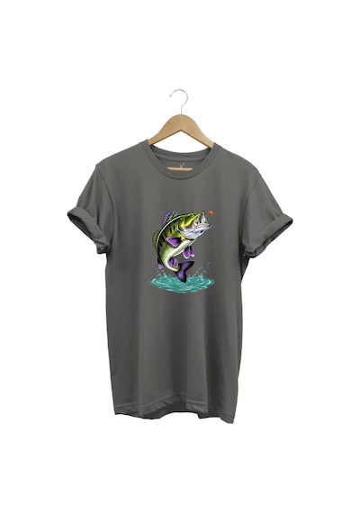 Fishing Balıkçılık Levrek Balığı Baskılı Avcı %100 Pamuk Regular Fit Unisex T-shirt Gri