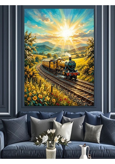Raylarda İlerleyen Tren Ve Gün Işığı Dekoratif Kanvas - Mdf Ahşap Tablo