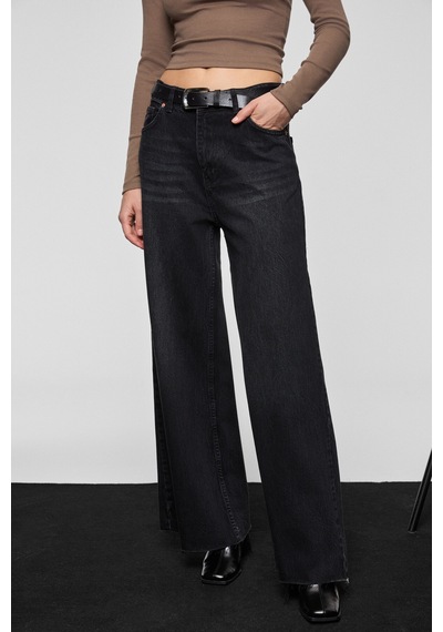 Grimelange Pıedra Kadın %100 Pamuk Geniş Paça Paçası Dikişsiz Bitişli Denim Siyah Jeans Siyah