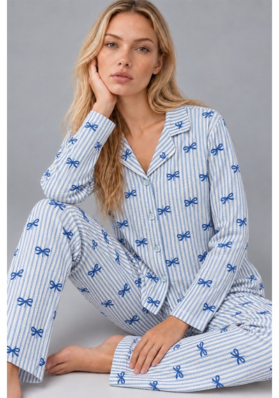 Kadın Gömlek Yaka Desenli Mavi Pijama Takımı 4816