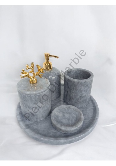 Gri Mermer Klasik Model 5 Parça Gold Renk Mercan Aksesuarlı Banyo Seti Gri