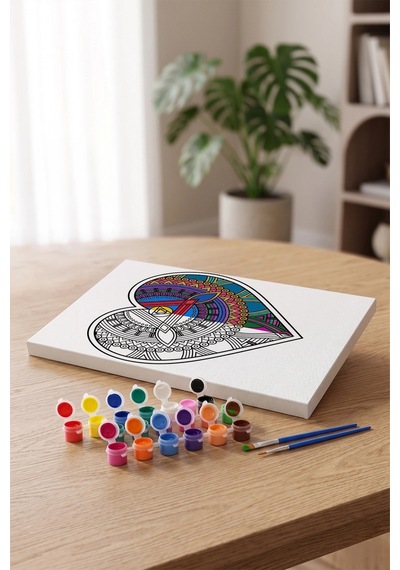 Kalp Desenli Mandala Ahşap Boyama Seti 40x50 Cm