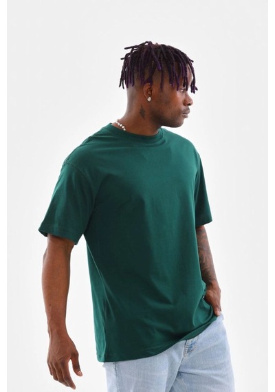 Erkek Düz Yazlık Kısa Kol Tişort Bisiklet Yaka Oversize T-shirt - Koyu Yeşil