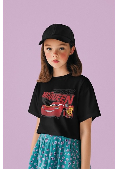 Sevbano Lightning Mcqueen Baskılı Unisex Arabalar Şimşek Çizgi Film Çocuk SIYAH