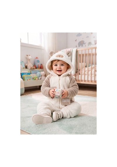 Chicsy Baby Tatlı Ayıcık Nakışlı Bebek Welsoft Tulum Kapüşonlu Kulaklı Fermuarlı Cepli Kışlık Peluş Tulum Bej