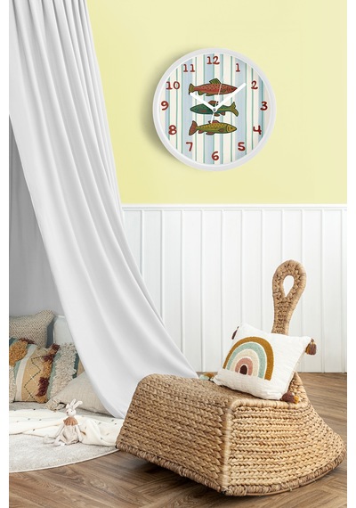 Renkli Balıklar Çocuk Odası Duvar Saati - 25cm - Önü Camlı Beyaz Kasa - Sessiz Mekanizma-jh0879 Beyaz