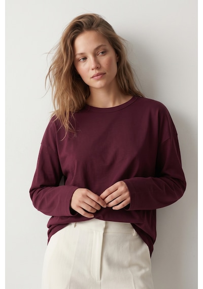 Elemge %100 Pamuk Süprem Oversize Kadın Uzun Kollu T-shirt Compact Penye Tok Yumuşak Kumaş Bol Kesim Nefes Alan Terletmez Yapı Basic Bordo Tişört