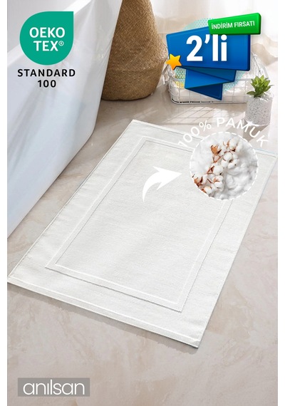 2'li Beyaz Ayak Havlusu - 50x70 Cm, 245 Gr, %100 Pamuk, Spa Ve Otel Banyo Paspası, Günlük Kullanıma Uygun Beyaz