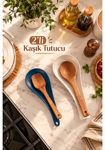 Porsima Sc-4017 Krem-mavi Wow 2'li Kaşık Tutucu Ve Kepçe Altlığı