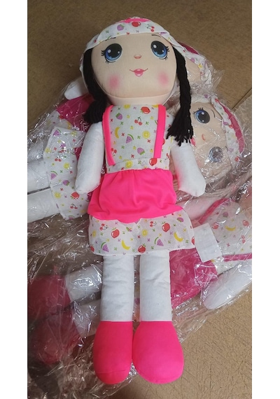 Sevimli Peluş Bez Bebek 50 Cm - Örgü Saçlı Meyve Desenli Elbiseli Bez Bebek