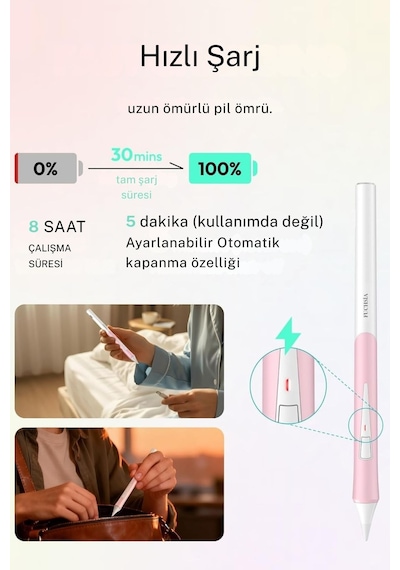 Fuchsia D1 Profesyonel Apple Uyumlu iPad Kalemi Eğim Duyarlı Avuç İçi Reddetmeli Bluetooth Uzun Pil Ömrü 0.1mm Uç Beyaz