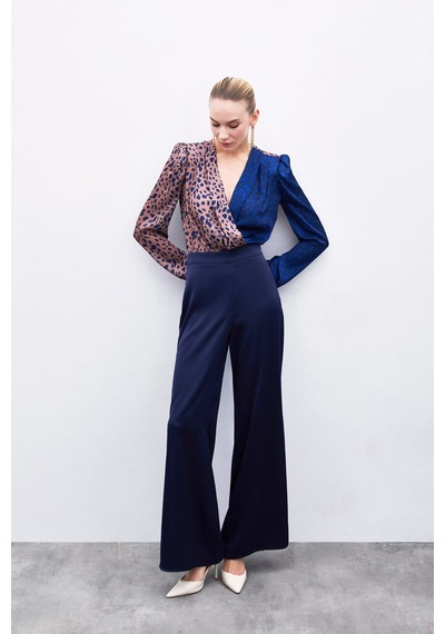 Sateen Yırtmaç Detaylı Saten Pantolon - Lacivert-135912 Lacivert