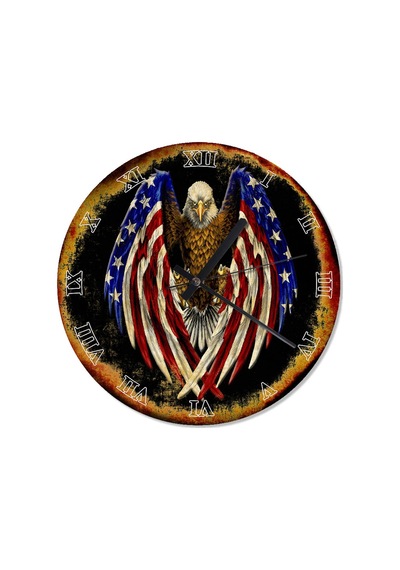 Eski Zeminde Amerikan Bayrağı Kanatlı Kartal Duvar Saati Çok Renkli