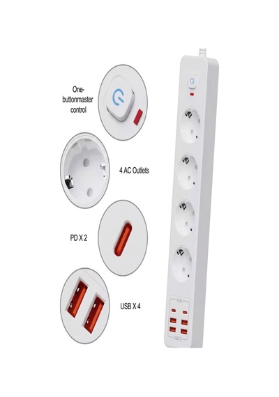 Termal Akım Korumalı 4 Lü Priz 4x Usb 2x Type-c Çıkışlı Grup Priz Çoğaltıcı 3500w 2 M