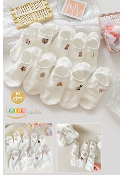 10'lu Ekru İlkbahar - Yaz Desenli Kadın Görünmez Babet Çorap Extra Soft