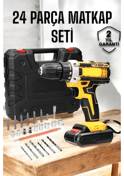 Çift Bataryalı Metal Dişli Darbeli Şarjlı Matkap Seti 24w Güç Ve 24 Parça Aksesuar - Lisinya