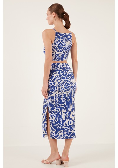 Lela Slim Fit Ip Askılı Yırtmaçlı Midi Alt-Üst Bayan Takım 5865726 Saks