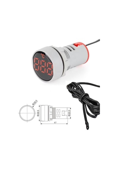 Dijital Termometre Yuvarlak Kırmızı 22mm 220v Ad101-22tm 1m Kablolu -20 +199